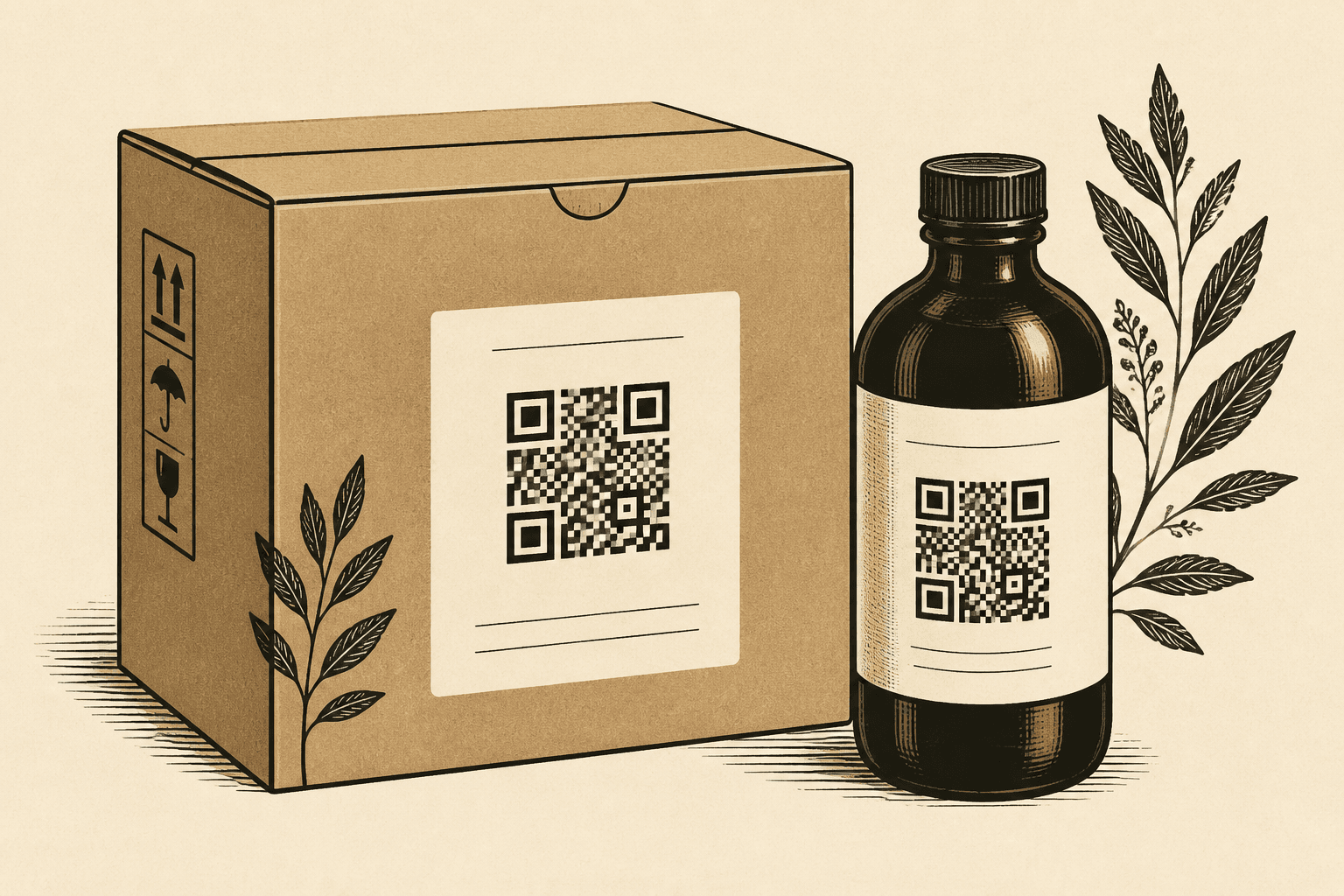 Shipping box and bottle labels each printed with a QR code